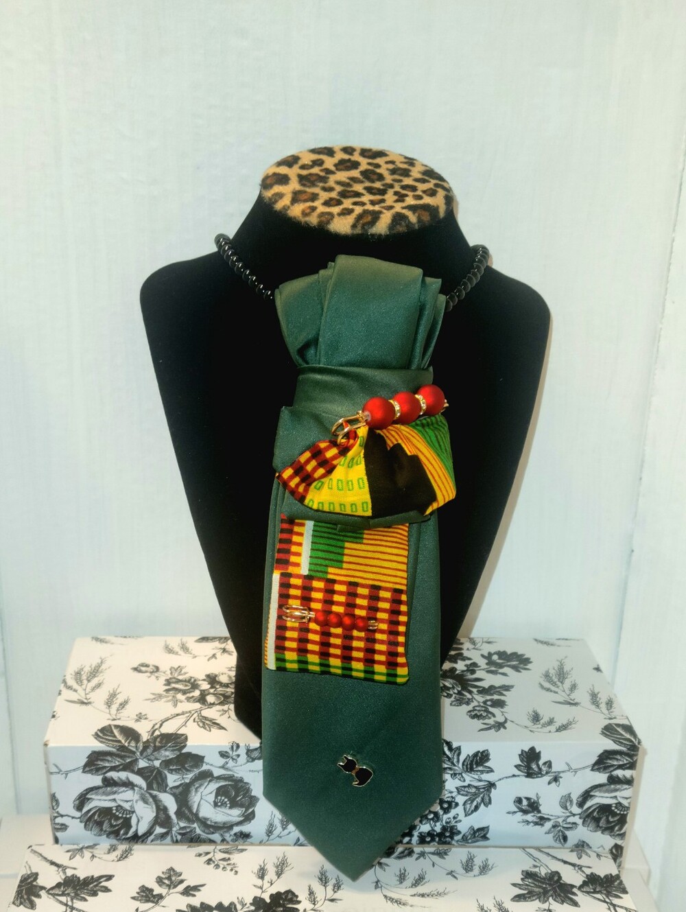 Green Silk-Inspired Accessory Tie with Kente Accent